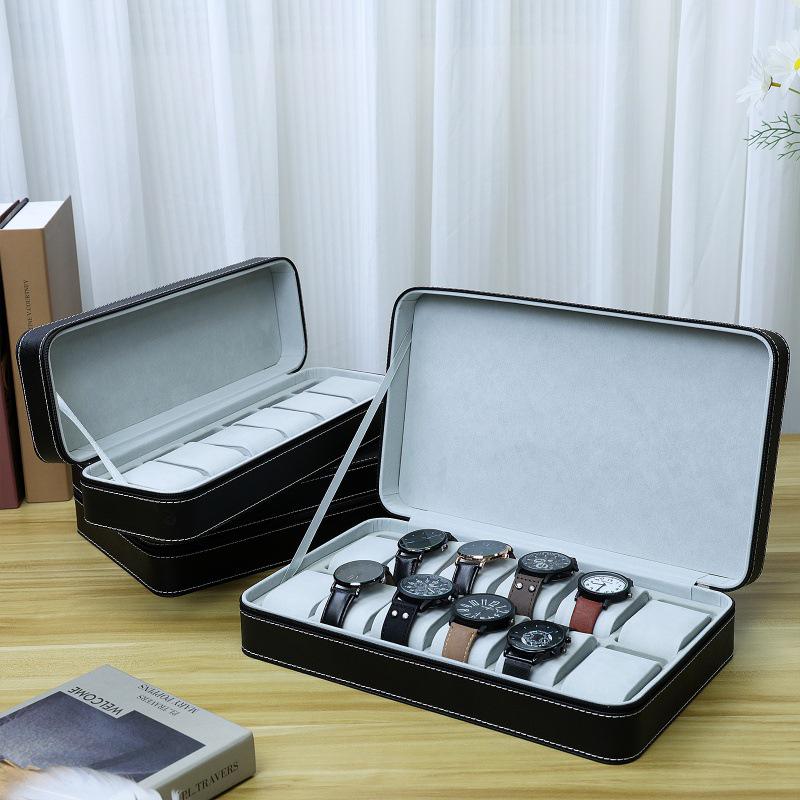In-Stock Black Ostrich Pattern PU Leather Watch Storage Box with Dustproof Zipper Bag