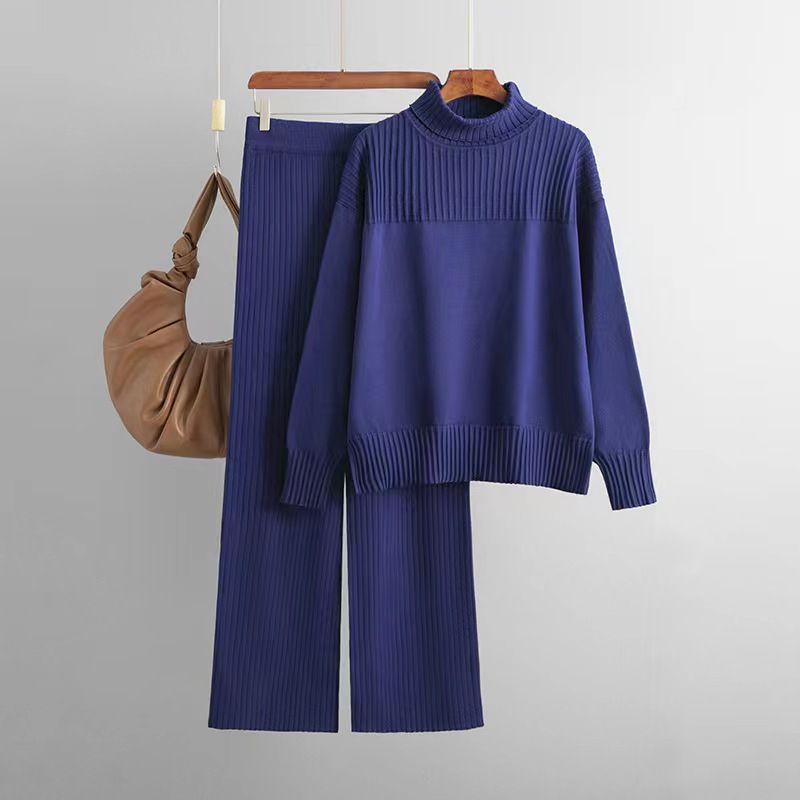 

Fashion Wind Pure Color High Collar Loose Knitted Sweater Pants Suit Knitted Sweater Pants Set Royal Blue All yards
