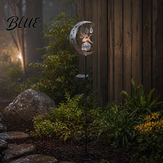 Outdoor Hummingbird Decor Moon Solar Light Metal Crescent with Crackle Glass Ball Garden Landscape Lighting Stake Pathway Light for Yard Patio Lawn