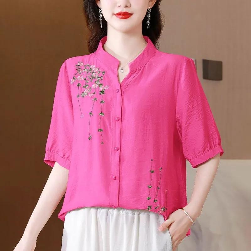 Fashion Embroidered Short Sleeved Cotton Linen Top Women's Summer Shirts Loose Cardigan Blouse Mother V-Neck Shirt Blaus 4XL