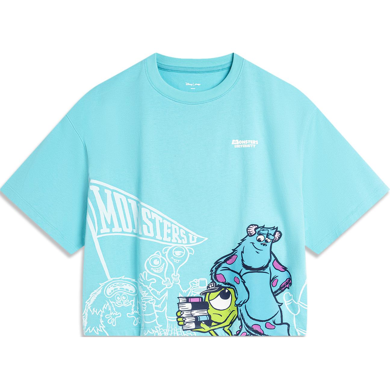 

Li Ning X Disney Monsters University Disney Collaboration Series Letter Print Повседневная дышащая футболка с коротким рукавом Женские футболки Небесно-голубого цвета AHSU490-3 M
