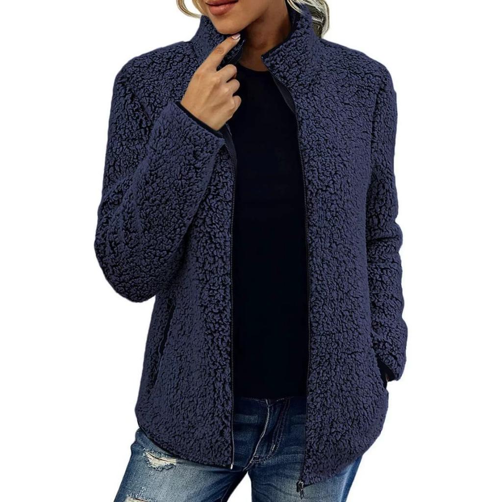 Stehkragen Einfarbiger Pullover Damen Casual Fashion Langarm Reißverschluss Bubble Fleece Jacke