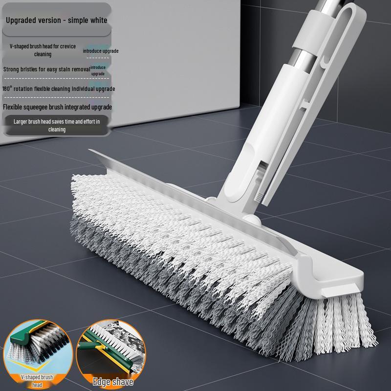 Household Long-Handle Stiff Bristle Bathroom & Floor Cleaning Brush with Scraper