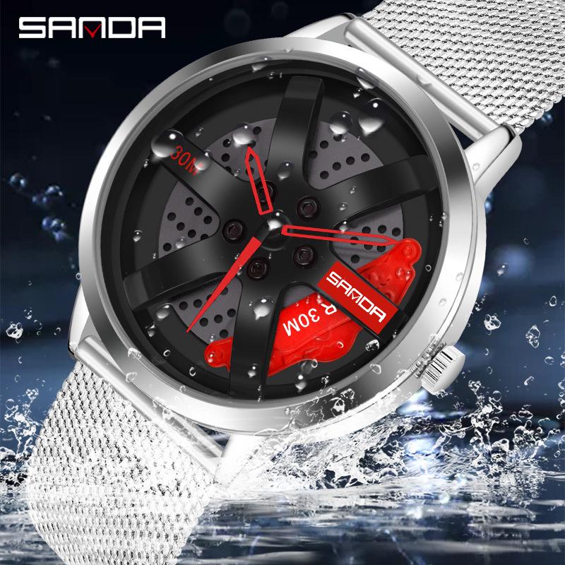 Sanda Men's Fashion Quartz Watch, Mesh Strap, Waterproof, Outdoor Casual, Hollow Wheel Dial.