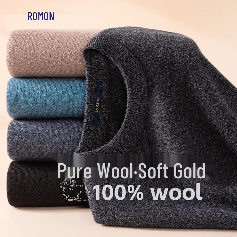 ROMON Men's 100% Wool Round Neck Thin Pullover Sweater