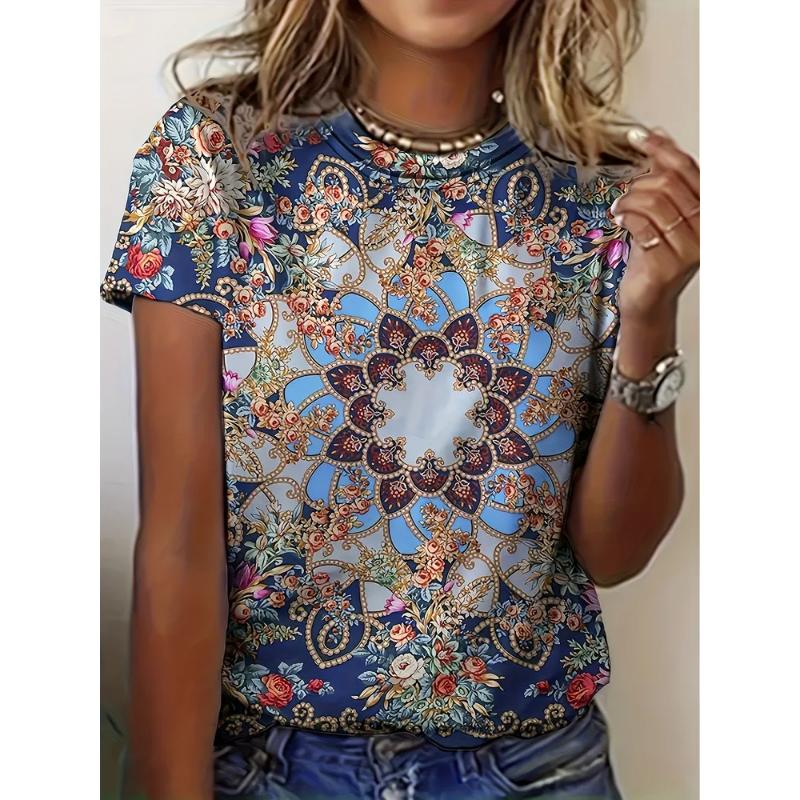 Fashion women's clothing simple short sleeves are short sleeves 3D color printing round neck T-shirt round neck short sleeves