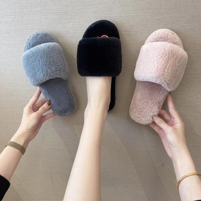 Wholesale Autumn and Winter One-word Household Rabbit Fur Shoes Girl Heart Cotton Slippers Open-toe Women's Shoes