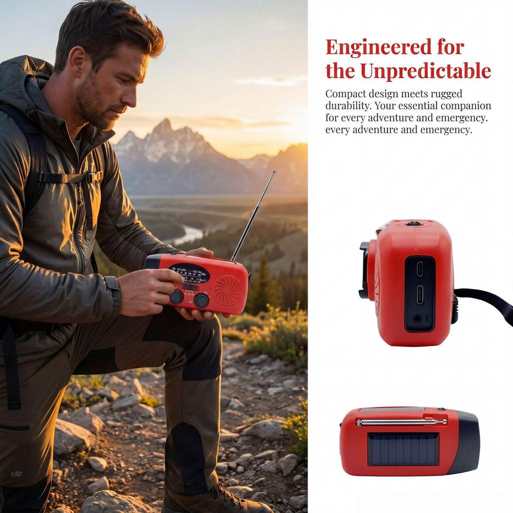 Portable Solar Hand-Crank Emergency Radio with Flashlight and SOS Alarm