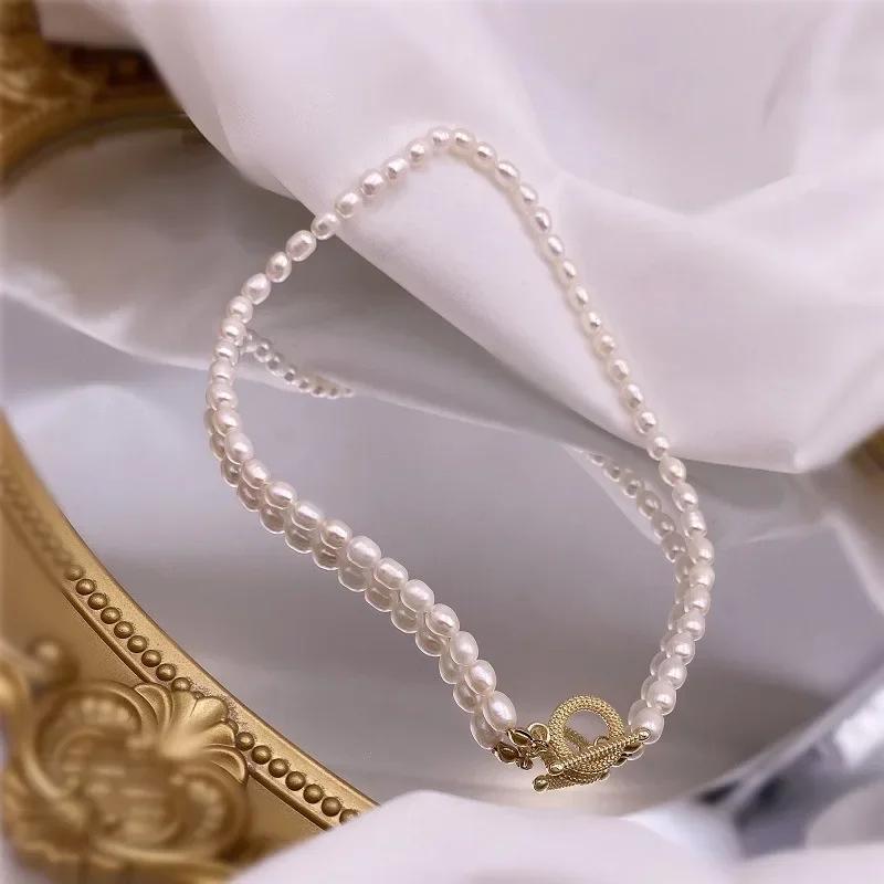 Collar de Perlas de Agua Dulce Naturales Barroco Vintage para Mujer Cierre de Pinza Dorado Círculo Gargantilla Joyería