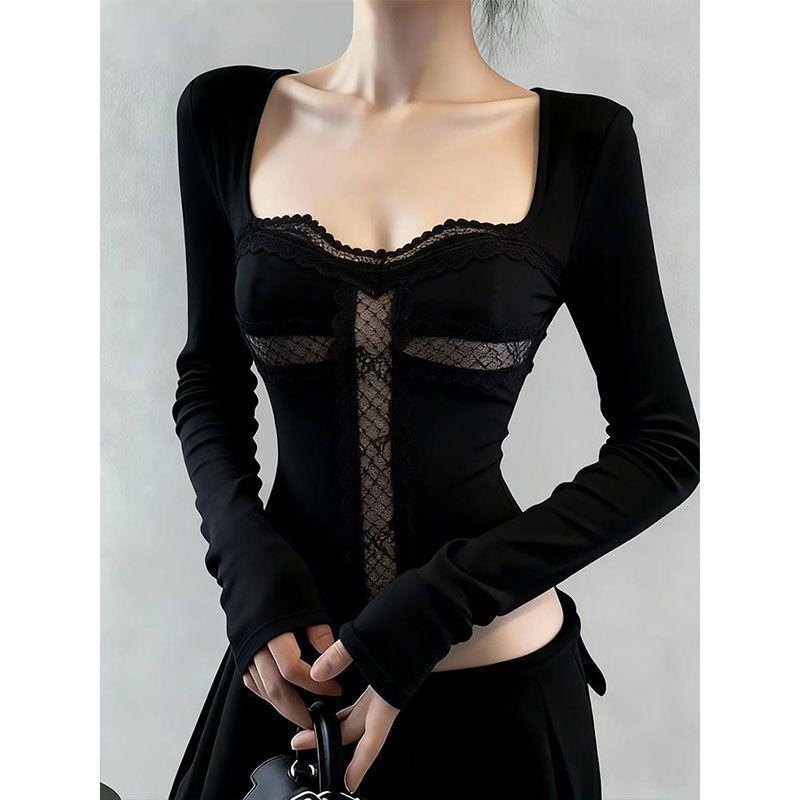 Autumn Winter Retro Black Square Neck Lace Patchwork Long Sleeve Women's Top