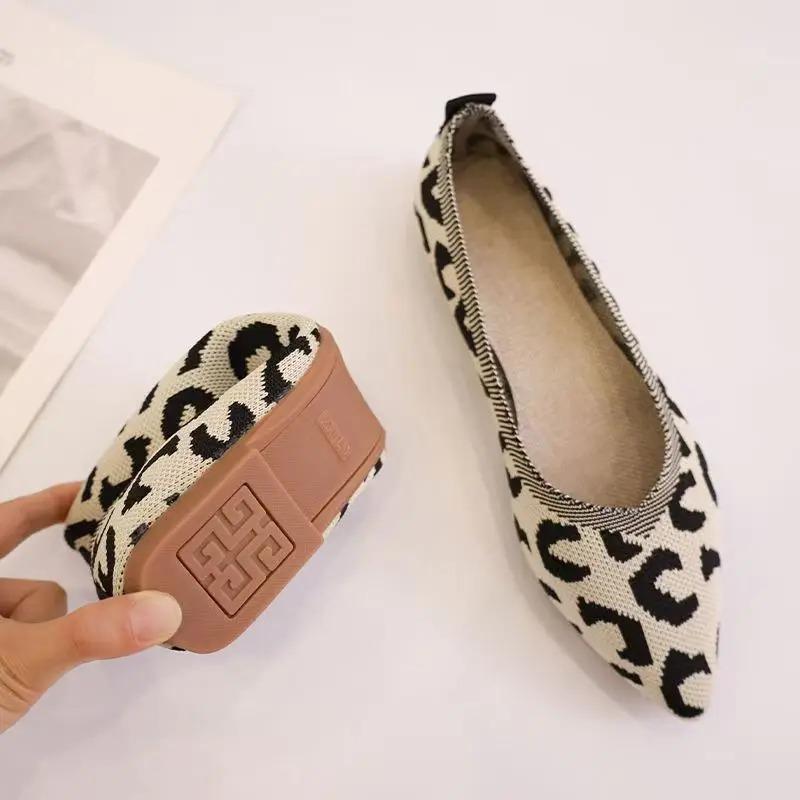 New Woman's Spring Summer Leopard Print Mesh Flat Sole Shoes Soft Sole Light Pointed Toe Ballet Shoes Slip On Slip On Nude Shoes