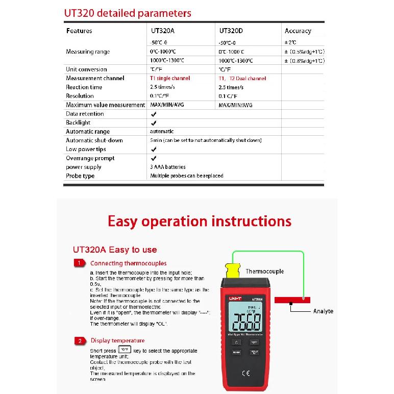 UNI-T UT320A UT320D Digital Thermometer Mini Dual Contact Thermocouple Type K J High Temperature Meter Tester -50℃ to 1200℃