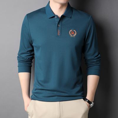 Wiosenno-jesienny męski bawełniany T-shirt z długim rękawem Męski jednolity kolorowy pulower z klapą dla mężczyzn w średnim wieku Duży rozmiar Męska koszulka Polo