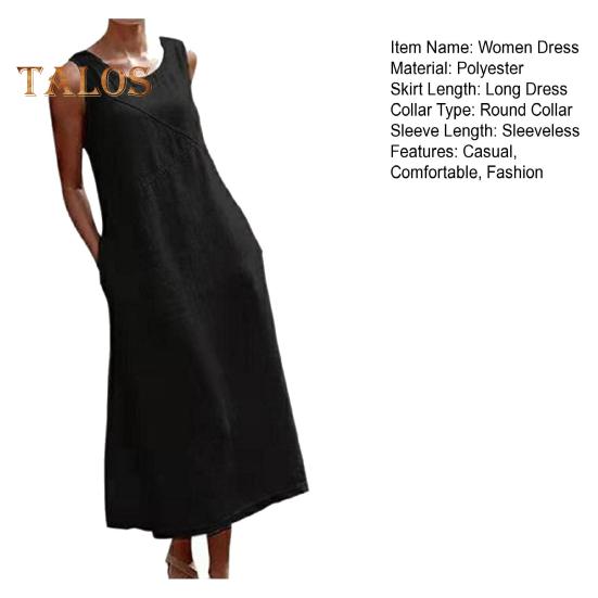 Sleeveless Maxi Dress for Women Loose Crew Neck Tank Dress with Pockets Beach Vacation Long Sundress Summer Casual Outfit