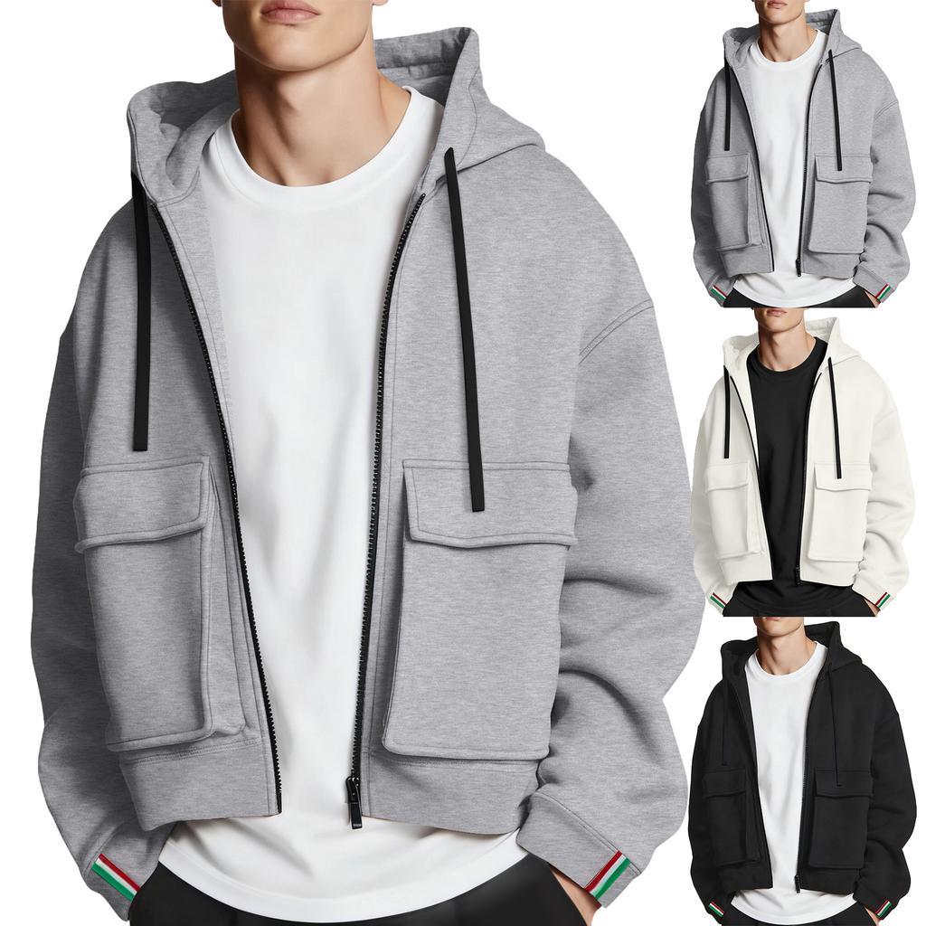 Men's Large Pocket Lined Thick Zipper Cardigan Sporty Casual Drop-Shoulder Jacket