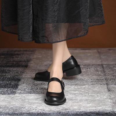 Retro Mary Jane Schuhe mit klobigem Absatz für Damen – Herbst/Winter Lederschuhe mit runder Zehenpartie und Schnallenriemen