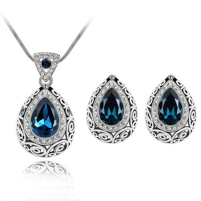 Teardrop Necklace Shaped Earrings Alloy Jewelry Set Women Fashion Gift Blue
