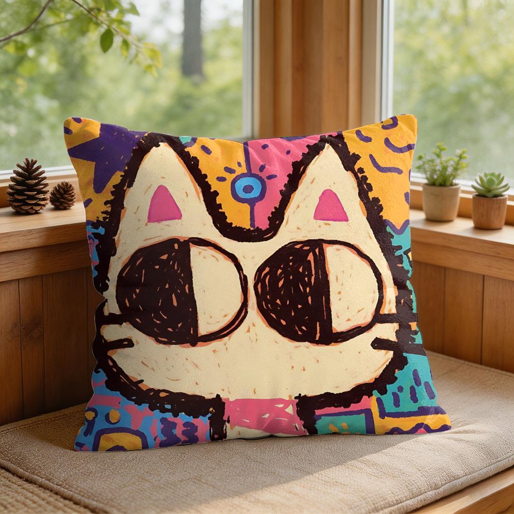 Art Dopamine Doodle Cat Cushion Cover Silky Short Plush Invisible Zipper Dustproof Sofa Pillow Case For Home Decor