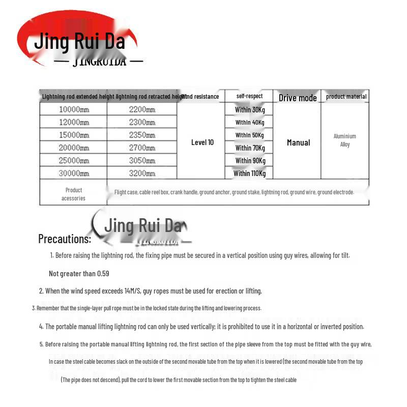 JINGRUIDA Portable Manual Lifting Lightning Rod Kit