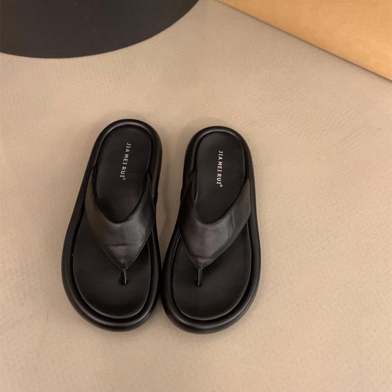 

Fashion 2025 Women s Thick Heel Sandals Summer New Soft Bottom Slip-On Beach Shoes Leather Strap Rubber Sole Comfortable Sensation 35 чёрный