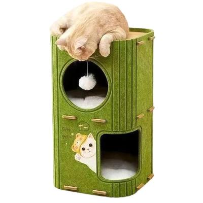 2-3 Etagen Katzenhaus Geschlossene Hütte Katzenkletterbaum Kätzchen Kratzbaum mit Hängespielzeug für Katzen Schlafen Ruhen Spielen