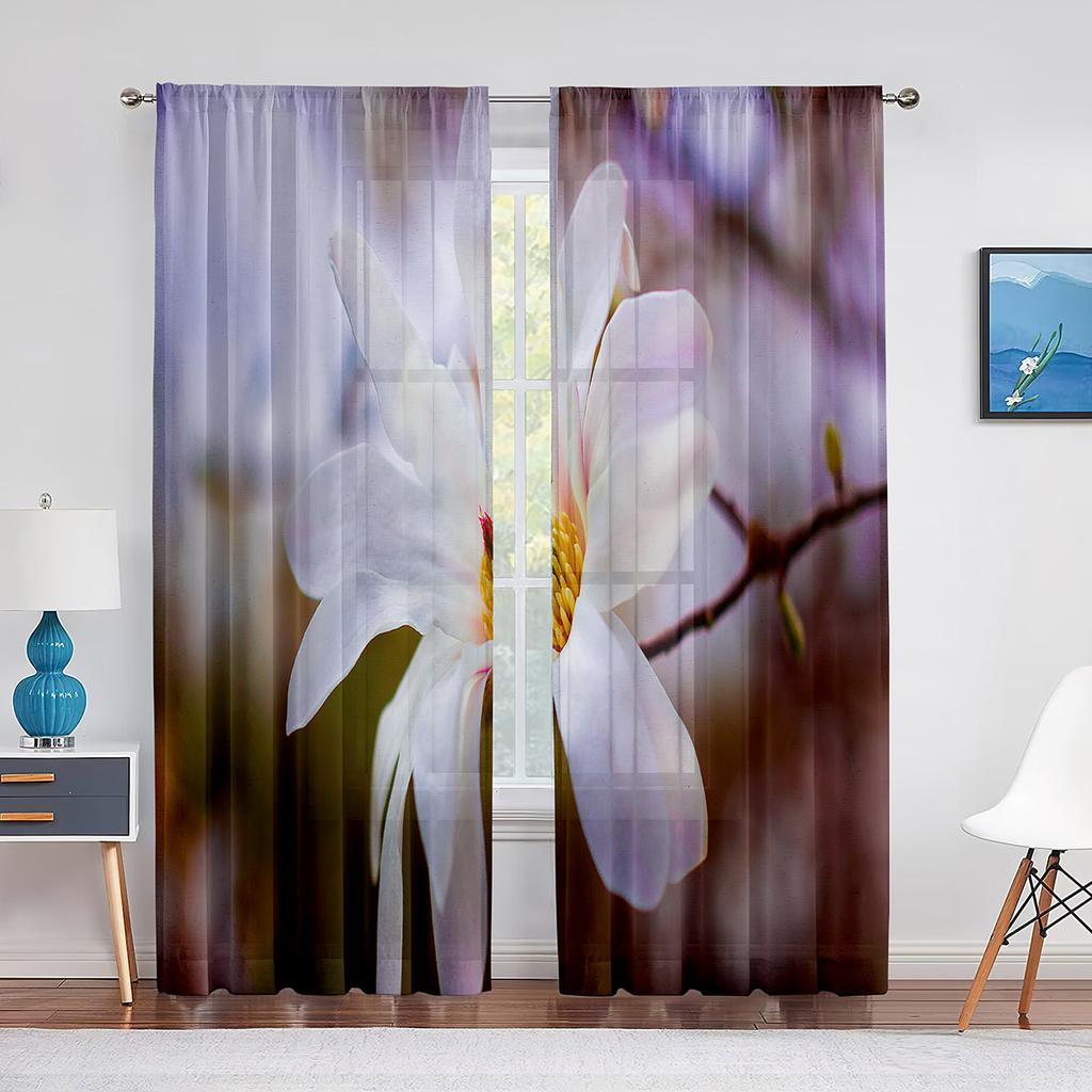 Weißer transparenter Vorhang mit Magnolienblumenmuster für Wohnzimmer, Küche, Fenster, Schlafzimmer, Dekoration, Blumen-Voile, zum Aufhängen, eleganter Tüllvorhang