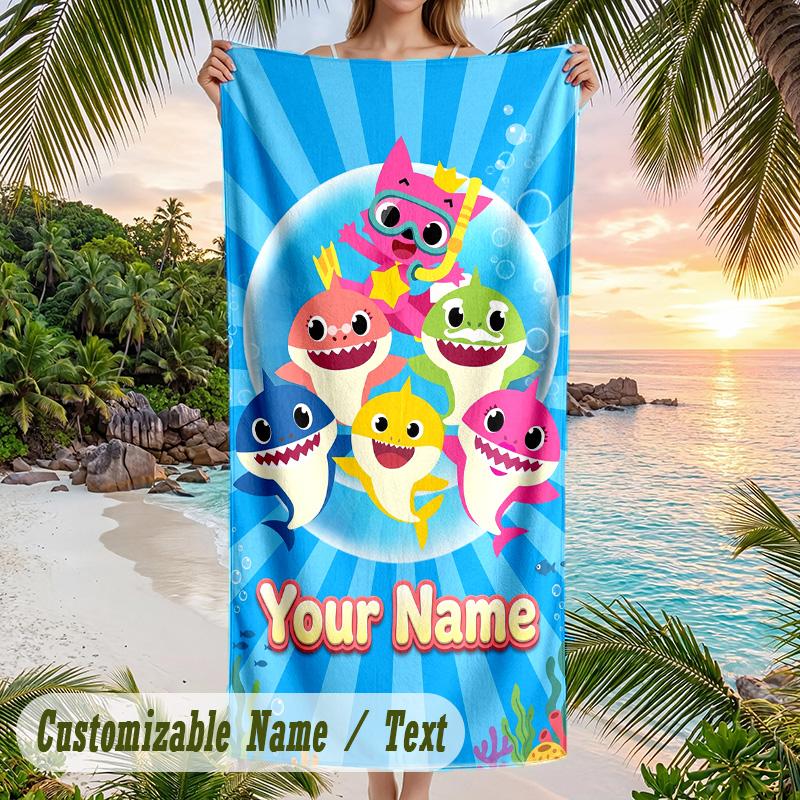 Baby Shark Beach Towel, Personalized Custom Text, Quick Dry Soft Large Towel For Swimming Pool Travel