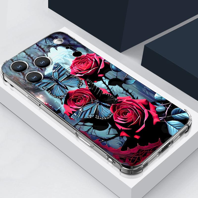 Scarlet Red Rose Flower Pattern Case For iPhone 17 Pro Max Coque iPhone 16 15 14 13 Pro Max 11 Shockproof Clear Soft Silicone Cover