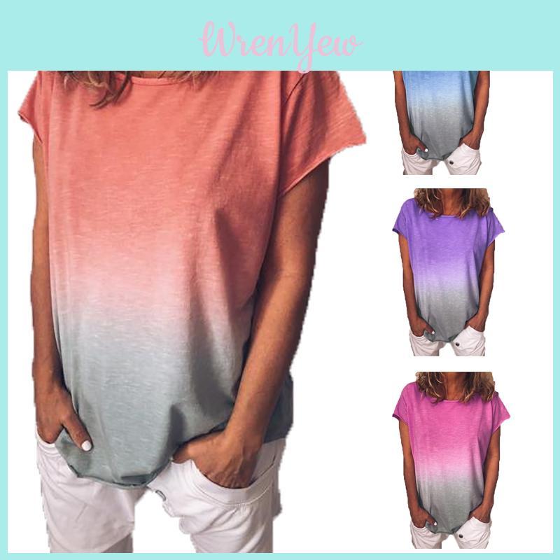Elegant Women's Summer Short Sleeve Gradient Plus Size Casual Beach T-shirt Blouse With Timeless Design And Versatility