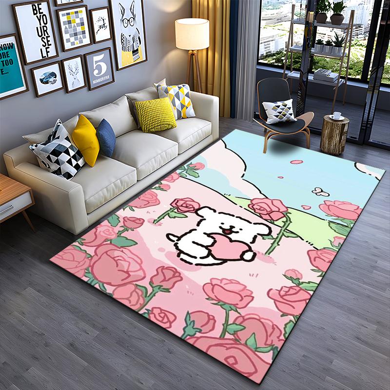 Cartoon Bear with Heart and Pink Roses Pastel Color Carpet Decor Suitable for Use As an Anti-slip for Living Room Bedroom Sofas