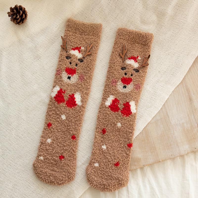 5/10 Pairs Comfortable Casual Autumn Winter Thickened Christmas Socks for Women Home Warm Coral Fleece Socks Cute Cartoon Straight Leg Floor Socks