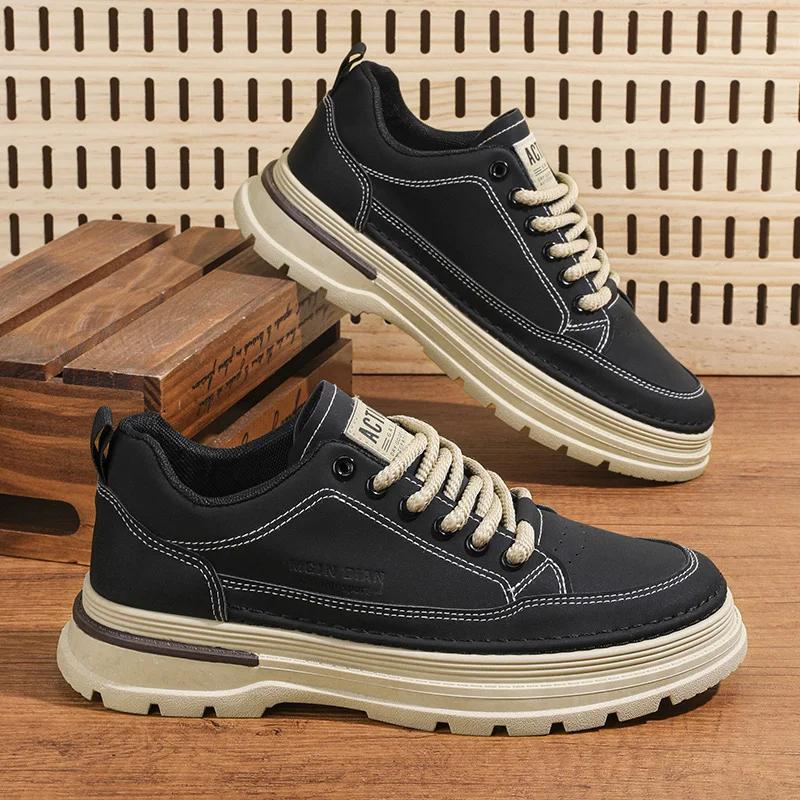 

Sheos для мужчин, новые мужские кроссовки, осенние, на толстой подошве, модные, роскошные, кожаные, повседневные, рабочие, кроссовки, мотоциклетная обувь 39 чёрный