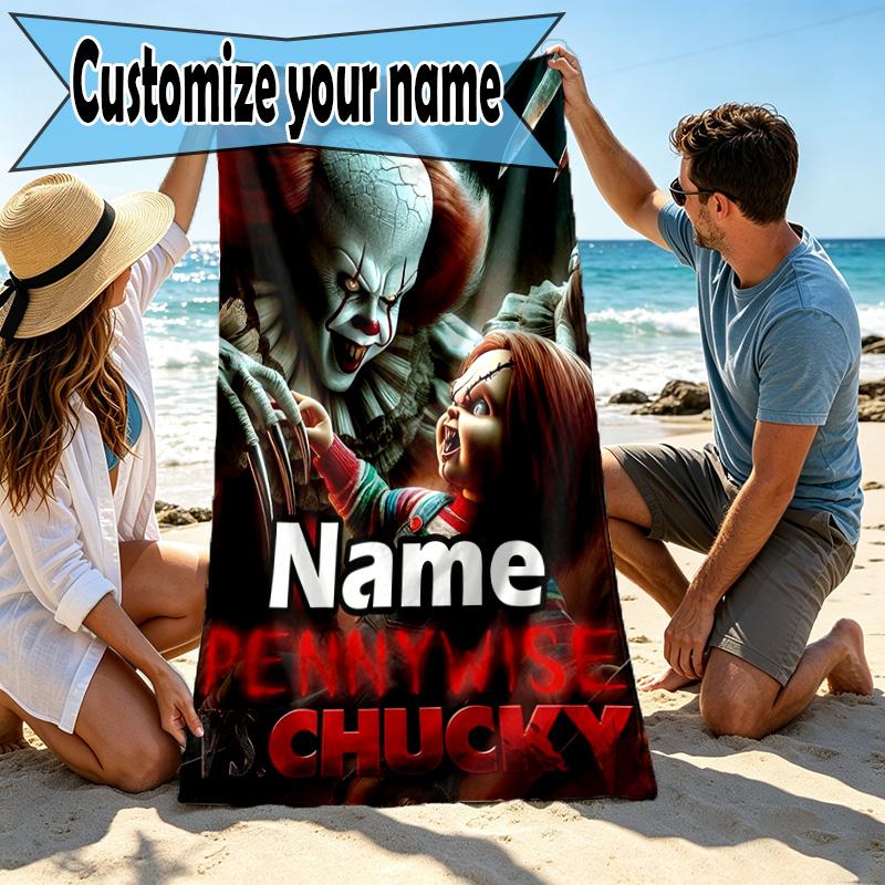 Custom Name Personalized Bride of Chucky Print Beach Towel, for Trip Camping Beach Party Home Decor, Birthday Gift for Family & Friends