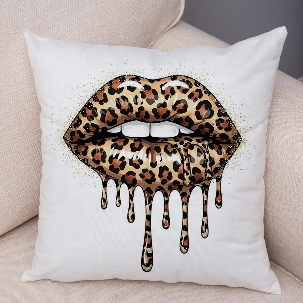Bold Lip Art Pillowcase Double Print Leopard Pattern Cushion Cover Soft Plush Vibrant Design Pillow Case for Sofa Home Car