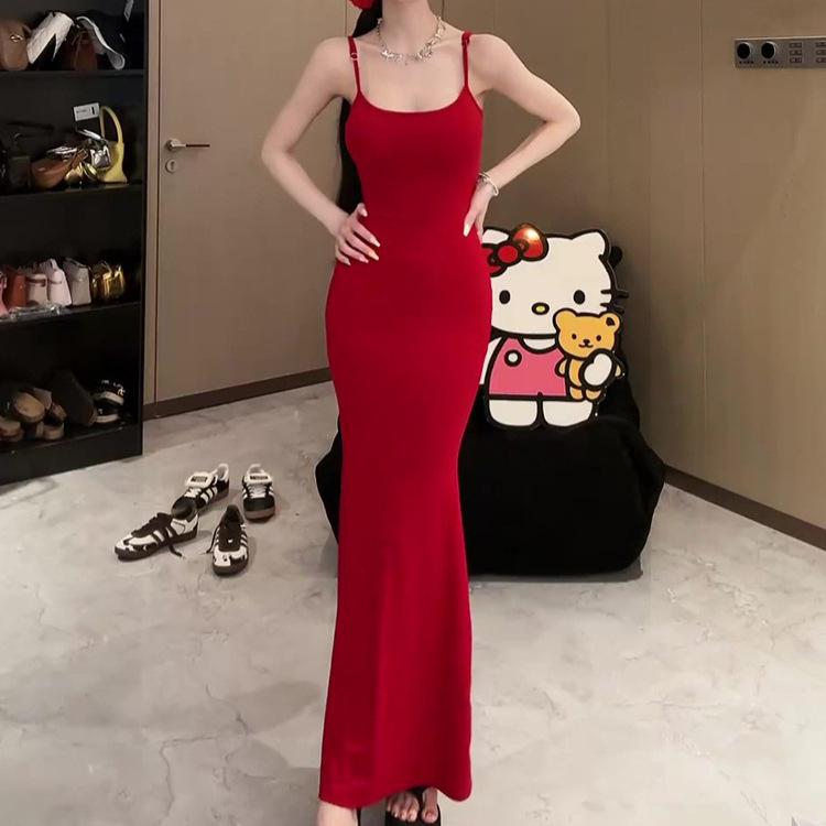 [Shoulder strap adjustable] Butterfly back hollowed out pure desire sexy suspender hip dress women's summer fishtail dress