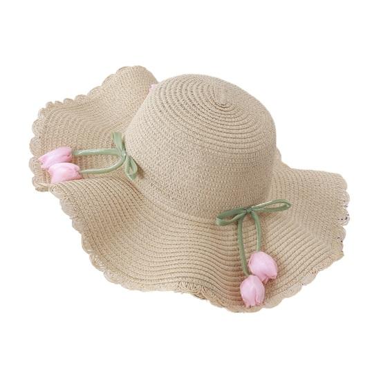 

Beach Hat Wave Lace Trim Design Tulip Bow Decor Full Face Sun Protection Large Brim UV Blocking Summer Straw Hat хаки