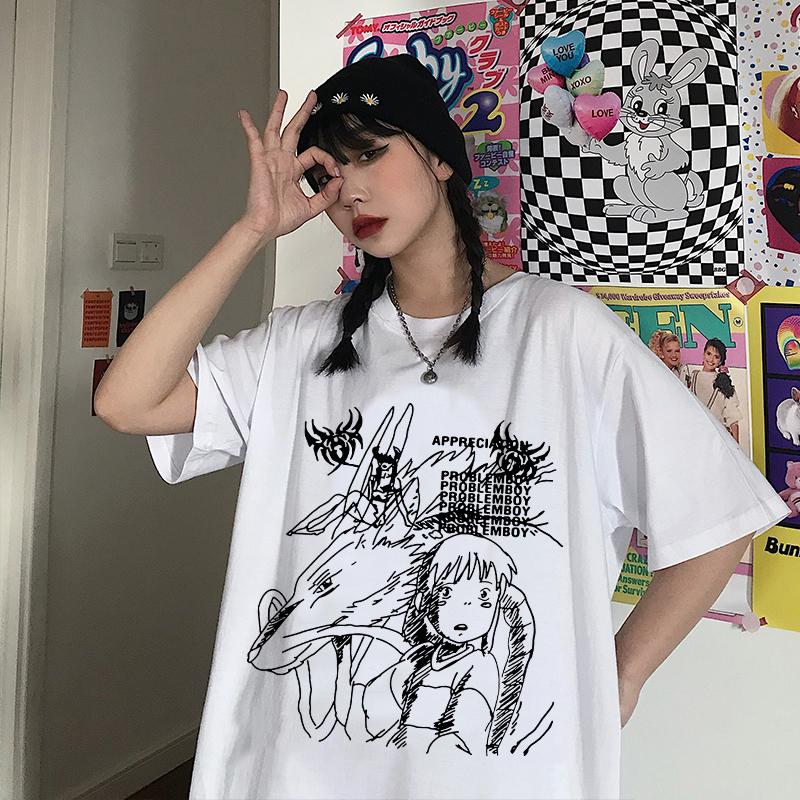 Japan Anime Print Women Tee Shirt Harajuku Gothic Printed Short Sleeve T-Shirt Tops Harajuku Aesthetic Tshirt Oversized T-Shirts