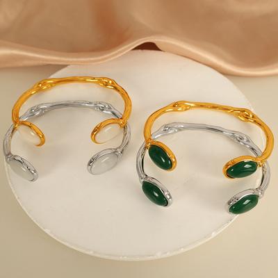 Promoção Imperdível Pulseira Oval de Opala com Abertura Irregular, Lado Duplo, Aço Inoxidável Banhado a Ouro 18k