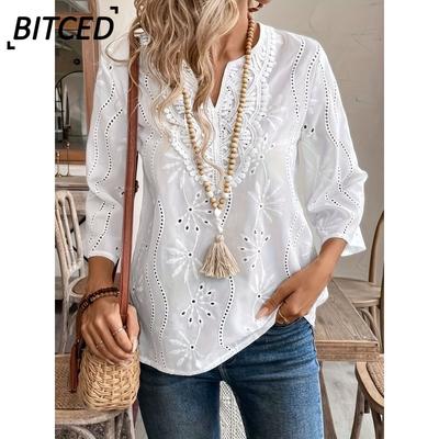 Women's Fashion Casual Solid Color Print Long Sleeve V Neck Blouses & Shirts