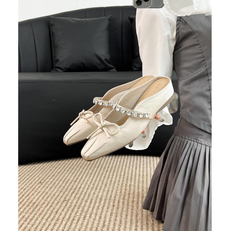 Bow word with rhinestone ballet shoes Mary Jane women's shoes small fragrant style thick heel high heels women's high sense