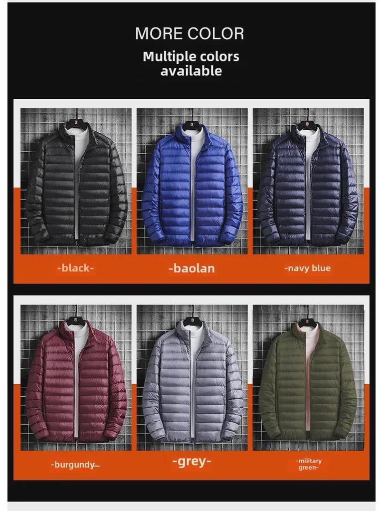 Men's Ultra-Light Silk Cotton Jacket with Stand-Up Collar and Hood - Large Size, Autumn/Winter 2024 Collection