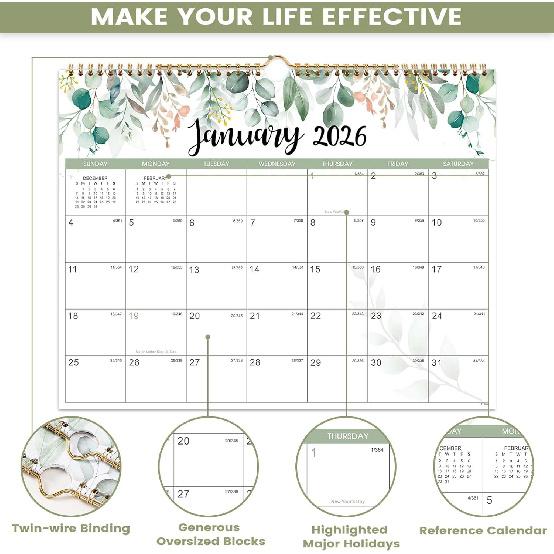 2026 Calendar - 2026 Wall Calendar 12 Month from Jan. 2026 to Dec. 2026, 14.8'' x 11.5'', 2026 Monthly Planner with Ample Blocks for Writing,