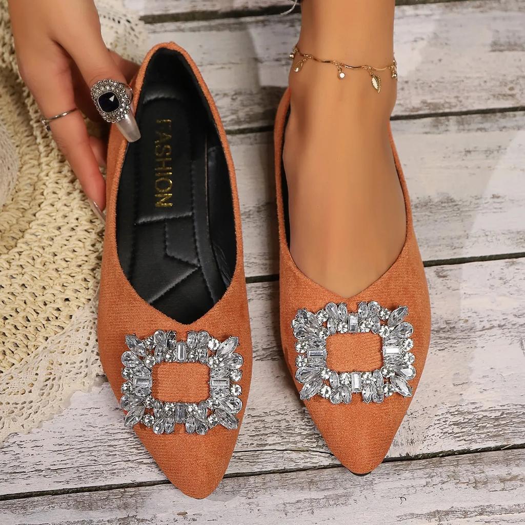 2024 New Spring and Autumn Flat Shoes Women's Shoes Pointed Diamond Metal Square Buckle Single Shoes