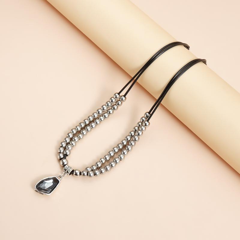 Gray  Pendant Irregular Beads Necklace For Women  Double-Layer Metal Choker Sweater Chain Party Jewelry Gift