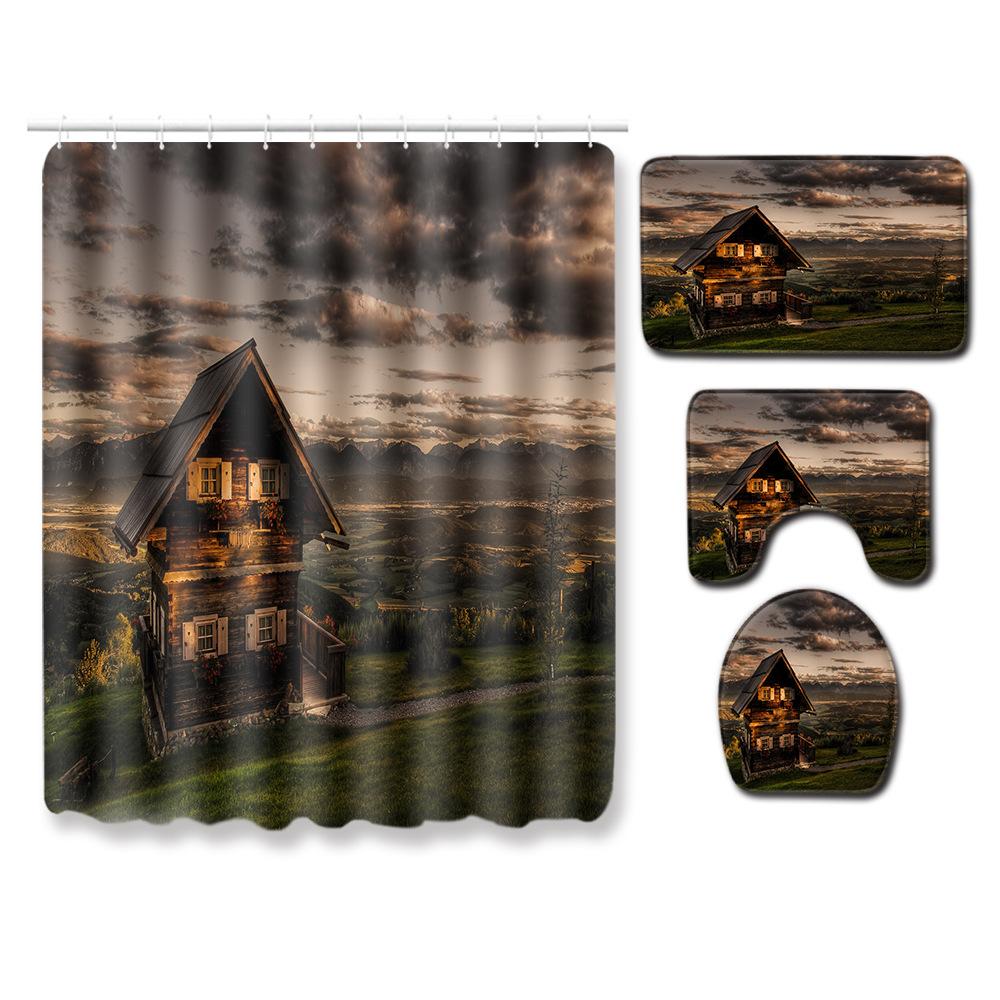 Landscape Shower Curtain Floor Mat Combination Four-Piece Set Bathroom Toilet Carpet Shower Room Mat Foot Mat