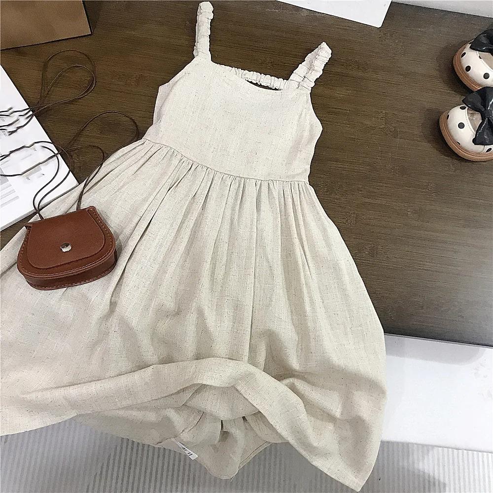 Korean Girls Sleeveless Dress Linen Halter Breathable Candy Color Summer Sweat Absorbent Girl's Vest Dresses