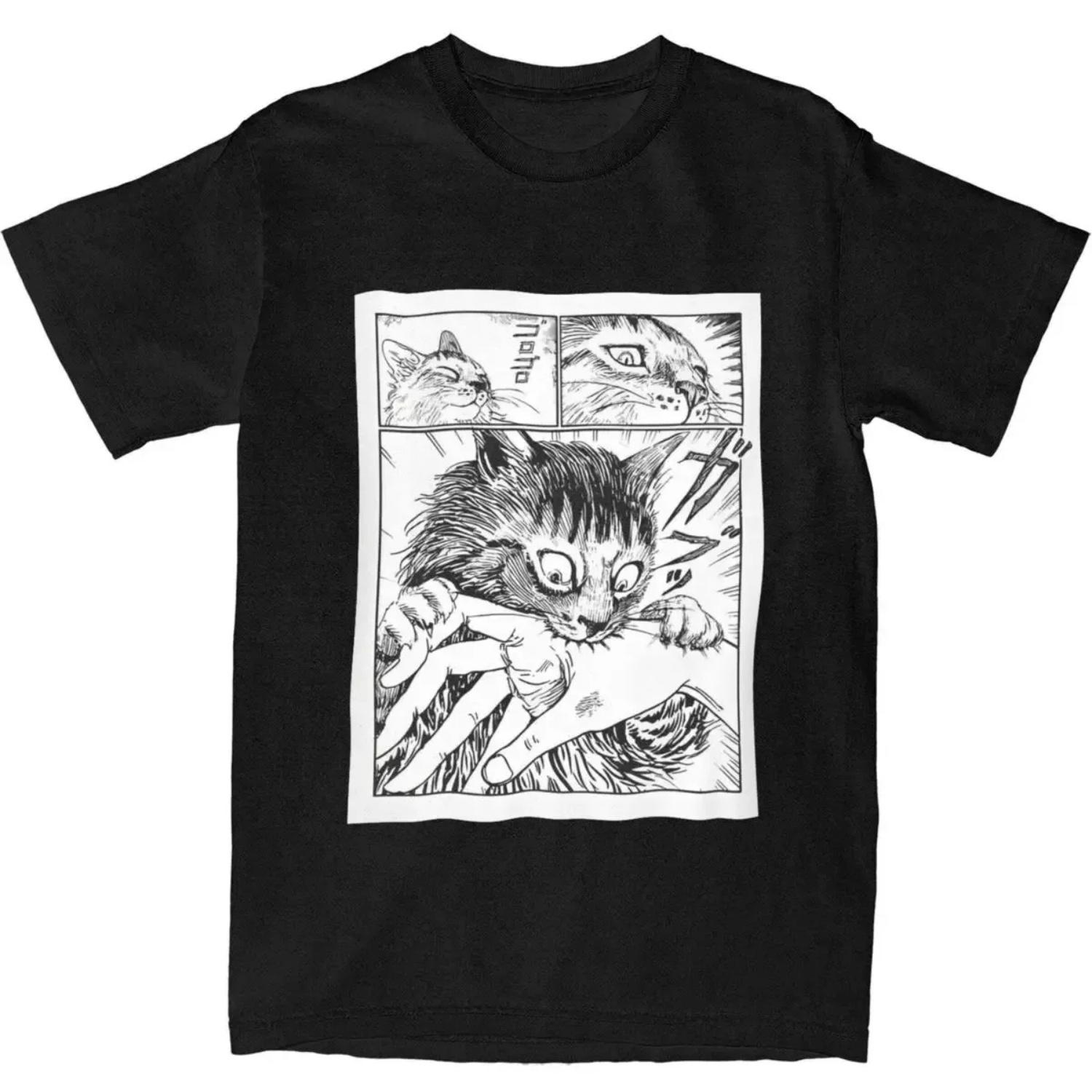 

Футболка Gato Junji Ito Comic, мужская, японская, аниме, смешная, из чистого хлопка, летние, с круглым вырезом, модные, свободные, большого размера, футболки S чёрный