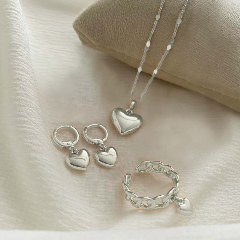 

4Pcs/Set Vintage Gold Color Love Heart Pendant Earrings Necklace Ring Set For Women Simple Metal Smooth Earrings Zircon Gift медный