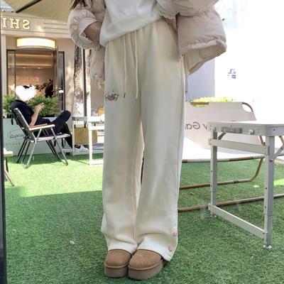 Fleece Kawaii Sweet Harajuku High Waist Wide Leg Pants Women Japanese Fashion Bear Embroidery Loose Trousers Soft Gril