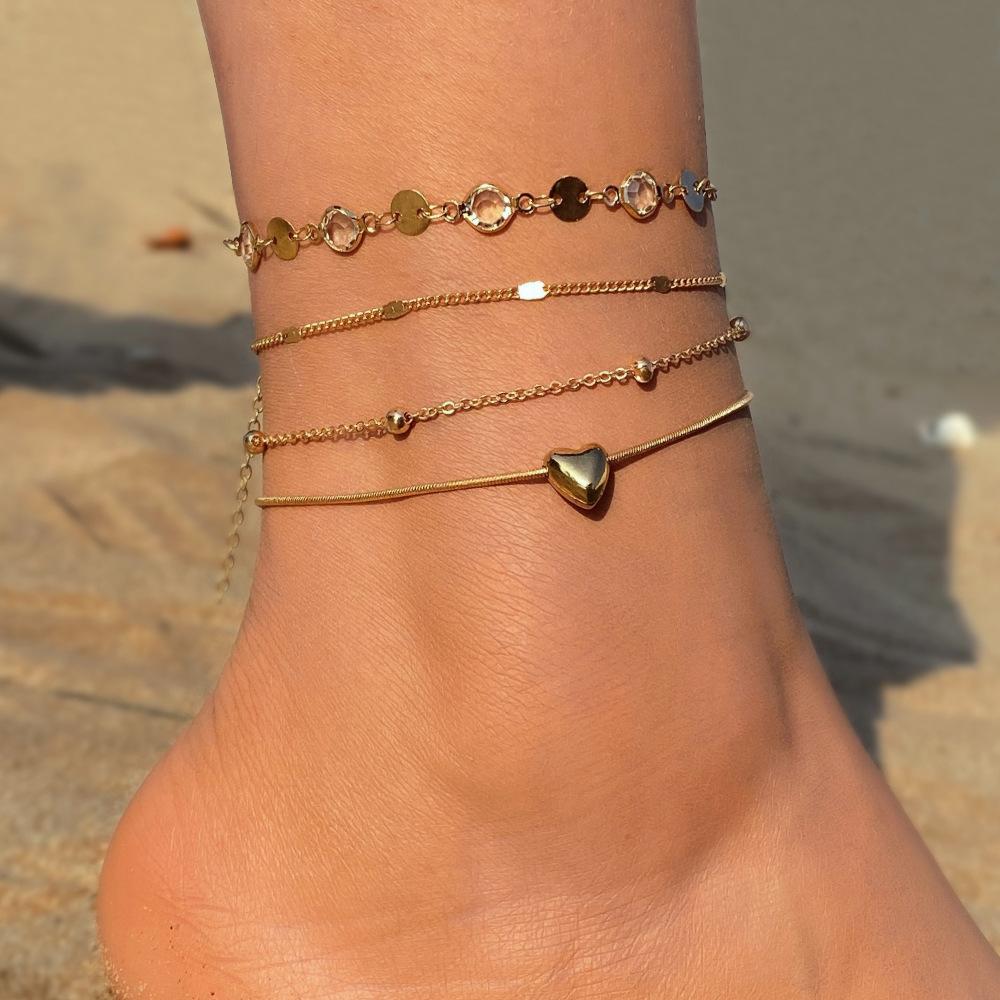 New European and American Style Heart-shaped Cross Anklet Set for Women Niche Fashion, Light Luxury, High-end Anklet